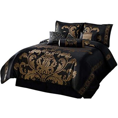 Chezmoi Collection 7-częściowy zestaw żakardowy kwiatowy kołdra łóżko w torbie King, czarne złoto, mieszanka poliestru Chezmoi Collection 7-częściowy zestaw żakardowy kwiatowy kołdra łóżko w torbie King, czarne złoto, mieszanka poliestru