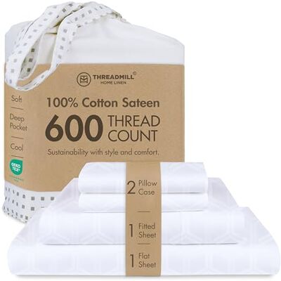 Threadmill Home Linen Threadmill Zestaw pościeli na łóżko pełnowymiarowe, 100% bawełna, liczba nici o głębokości 40,6 cm, satynowy żakard, 4-częściowy zestaw pościeli z efektem chłodzenia, biały Threadmill Home Linen Threadmill Zestaw pościeli na łóżko pełnowymiarowe, 100% bawełna, liczba nici o głębokości 40,6 cm, satynowy żakard, 4-częściowy zestaw pościeli z efektem chłodzenia, biały