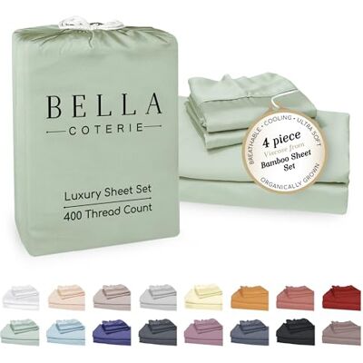 BC BELLA COTERIE Bella Coterie luksusowy bambusowy zestaw prześcieradeł King Size, organicznie uprawiane, ultramiękkie, chłodzące dla osób śpiących na gorąco, kieszeń o głębokości 45 cm, wiskoza z bambusa, szkło BC BELLA COTERIE Bella Coterie luksusowy bambusowy zestaw prześcieradeł King Size, organicznie uprawiane, ultramiękkie, chłodzące dla osób śpiących na gorąco, kieszeń o głębokości 45 cm, wiskoza z bambusa, szkło