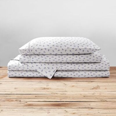 Brielle Home Drukowane 100% bawełniane perkalowe prześcieradło, Anchors Navy, King Brielle Home Drukowane 100% bawełniane perkalowe prześcieradło, Anchors Navy, King