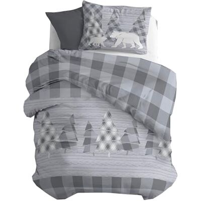 PENSIERI DELICATI Parure Pojedyncza flanelowa poszewka na kołdrę 100% bawełna, worek 155X200 CM i poszewka 52X82 CM, Made in Italy, Pokrowiec na kołdrę można prać w pralce 40°, Fantasia Canada Szary PENSIERI DELICATI Parure Pojedyncza flanelowa poszewka na kołdrę 100% bawełna, worek 155X200 CM i poszewka 52X82 CM, Made in Italy, Pokrowiec na kołdrę można prać w pralce 40°, Fantasia Canada Szary