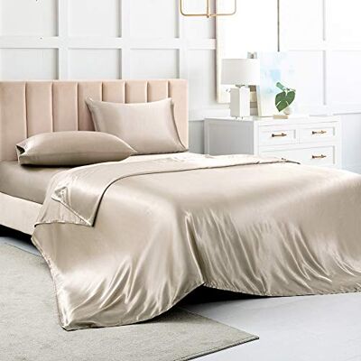 Luxbedding Satynowe prześcieradła na łóżko king size, prześcieradło z jedwabiu w kolorze taupe, 4-częściowy zestaw pościeli z 1 głęboką kieszenią, 1 płaskie prześcieradło, 2 poszewki na poduszkę Luxbedding Satynowe prześcieradła na łóżko king size, prześcieradło z jedwabiu w kolorze taupe, 4-częściowy zestaw pościeli z 1 głęboką kieszenią, 1 płaskie prześcieradło, 2 poszewki na poduszkę