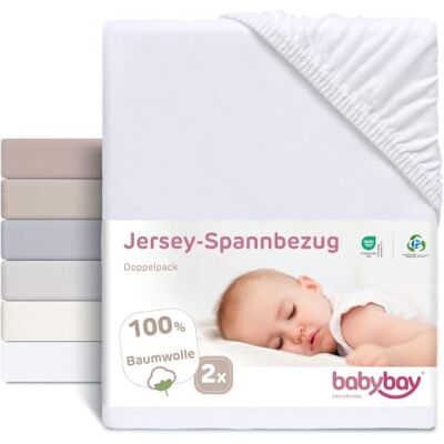 babybay Prześcieradło dżersejowe z gumką, dwupak, pasuje do modelu Maxi, Midi, Boxspring, Comfort i Comfort Plus, białe babybay Prześcieradło dżersejowe z gumką, dwupak, pasuje do modelu Maxi, Midi, Boxspring, Comfort i Comfort Plus, białe