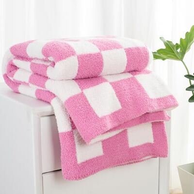 Carriediosa Koc w kratkę super miękki luksusowy mikrofibra puszysta kratka kratka dzianinowe koce dwustronne przytulne narzuty na kanapę łóżko sofę, 152 cm x 203 cm gorący róż i biała kratka Carriediosa Koc w kratkę super miękki luksusowy mikrofibra puszysta kratka kratka dzianinowe koce dwustronne przytulne narzuty na kanapę łóżko sofę, 152 cm x 203 cm gorący róż i biała kratka
