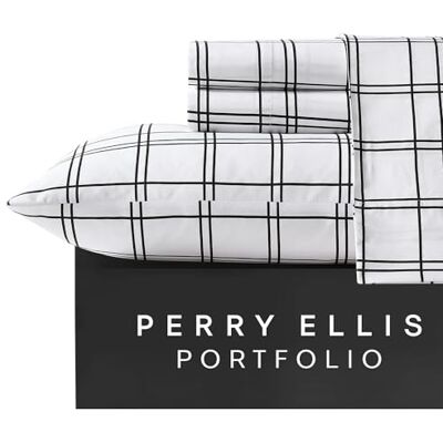 Perry Ellis Portfolio zestaw prześcieradeł, 6-częściowy, odporna na zagniecenia pościel z pasującymi poszewkami na poduszki, lekka i oddychająca pościel, dekoracja domu w kratę (malobiały/czarny, Perry Ellis Portfolio zestaw prześcieradeł, 6-częściowy, odporna na zagniecenia pościel z pasującymi poszewkami na poduszki, lekka i oddychająca pościel, dekoracja domu w kratę (malobiały/czarny,