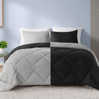 Comfort Spaces Vixie Reversible Comforter Set Trendy Casual Geometric Quilted Cover, All Season Down Alternative Cozy Bedding, Matching Sham, Black/Gray, Full/Queen 3 piece Comfort Spaces Vixie Reversible Comforter Set Trendy Casual Geometric Quilted Cover, All Season Down Alternative Cozy Bedding, Matching Sham, Black/Gray, Full/Queen 3 piece