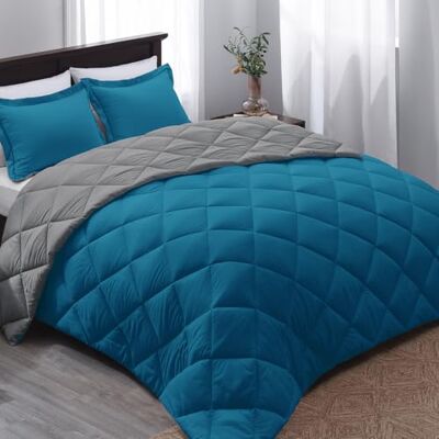 Basic Beyond Zestaw pościeli w rozmiarze twin, dwustronny, na wszystkie pory roku, 1 kołdra (168 x 234 cm) i 1 poszewka na poduszkę (51 x 66 cm + 5 cm), niebieski (Algiers Blue) / grafitowy Basic Beyond Zestaw pościeli w rozmiarze twin, dwustronny, na wszystkie pory roku, 1 kołdra (168 x 234 cm) i 1 poszewka na poduszkę (51 x 66 cm + 5 cm), niebieski (Algiers Blue) / grafitowy