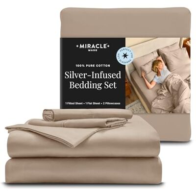 Miracle Made Extra Luxe zestaw pościeli – Sand, King – 4-częściowy zestaw pościeli z naturalnym srebrem, gęstość splotu 500, prześcieradła z bawełny uprawianej w USA, ultra oddychające, bardzo miękki Miracle Made Extra Luxe zestaw pościeli – Sand, King – 4-częściowy zestaw pościeli z naturalnym srebrem, gęstość splotu 500, prześcieradła z bawełny uprawianej w USA, ultra oddychające, bardzo miękki