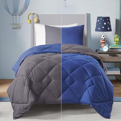 Comfort Spaces Vixie Reversible Comforter Set Trendy Vibrant Color with Geometric Quilted Cover, Lightweight All Season Down Alternative Cozy Bedding, Sham, Navy/Charcoal, Twin/Twin XL 2 piece Comfort Spaces Vixie Reversible Comforter Set Trendy Vibrant Color with Geometric Quilted Cover, Lightweight All Season Down Alternative Cozy Bedding, Sham, Navy/Charcoal, Twin/Twin XL 2 piece