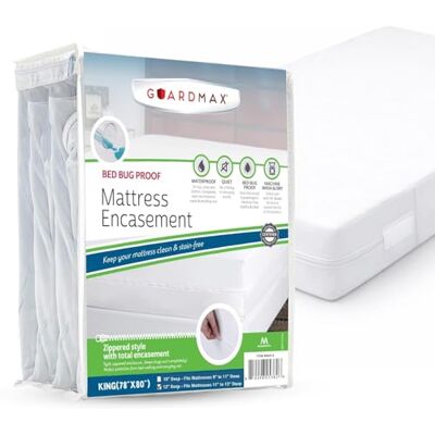 Guardmax Zapinany na zamek ochraniacz materaca, rozmiar king, 100% wodoodporny i odporny na pluskwy, 6-stronny, chłonny, miękki, oddychający i hipoalergiczny Guardmax Zapinany na zamek ochraniacz materaca, rozmiar king, 100% wodoodporny i odporny na pluskwy, 6-stronny, chłonny, miękki, oddychający i hipoalergiczny
