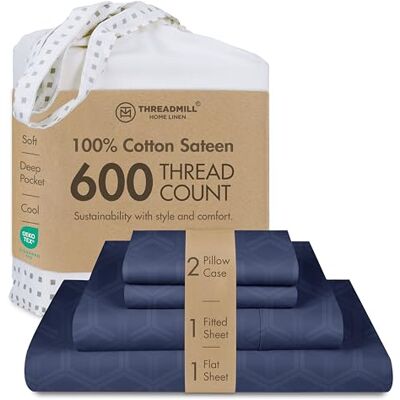 Threadmill Home Linen Threadmill komplet pościeli bawełnianej, Full, 600 nici, zakładka 40,64 cm, żakardowy splot satynowy, 4-częściowy, efekt chłodzący, niebieski (Folkstone Blue) Threadmill Home Linen Threadmill komplet pościeli bawełnianej, Full, 600 nici, zakładka 40,64 cm, żakardowy splot satynowy, 4-częściowy, efekt chłodzący, niebieski (Folkstone Blue)
