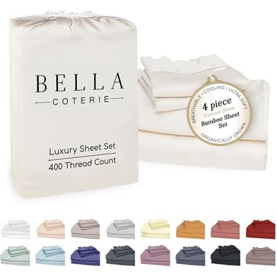 BC BELLA COTERIE Bella Coterie luksusowy bambusowy zestaw prześcieradeł King Size, ekologicznie uprawiane, ultramiękkie, chłodzące dla osób śpiących na gorąco, kieszeń o głębokości 45 cm, wiskoza z bambusa, kość BC BELLA COTERIE Bella Coterie luksusowy bambusowy zestaw prześcieradeł King Size, ekologicznie uprawiane, ultramiękkie, chłodzące dla osób śpiących na gorąco, kieszeń o głębokości 45 cm, wiskoza z bambusa, kość