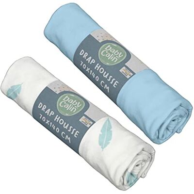 Babycalin Zestaw 2 prześcieradeł 70x140x17cm Niebieski/niebieski piórko certyfikat OEKO-TEX Babycalin Zestaw 2 prześcieradeł 70x140x17cm Niebieski/niebieski piórko certyfikat OEKO-TEX