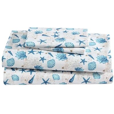 Beatrice Home Fashions Zestaw arkuszy z mikrofibry z nadrukiem przybrzeżnym, miękki, wygodny, głębokie kieszenie 30 cm, Queen, notatki muszelkowe Beatrice Home Fashions Zestaw arkuszy z mikrofibry z nadrukiem przybrzeżnym, miękki, wygodny, głębokie kieszenie 30 cm, Queen, notatki muszelkowe