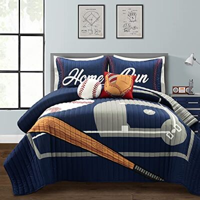 Lush Decor Gra baseballowa dwustronna oversize dziecięca 5-częściowy zestaw kołdry, pełna/Queen, granatowy i szary Lush Decor Gra baseballowa dwustronna oversize dziecięca 5-częściowy zestaw kołdry, pełna/Queen, granatowy i szary