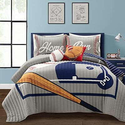 Lush Decor Gra baseballowa dwustronna oversize dziecięca 5-częściowy zestaw kołdry, pełna/Queen, szary i granatowy Lush Decor Gra baseballowa dwustronna oversize dziecięca 5-częściowy zestaw kołdry, pełna/Queen, szary i granatowy
