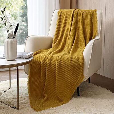 CREVENT Miękki lekki boho szydełkowany dekoracyjny teksturowany pokrowiec, wiosna lato narzuta koc na kanapę sofę krzesło łóżko dekoracja domu (127 cm x 152 cm musztardowy/żółty) CREVENT Miękki lekki boho szydełkowany dekoracyjny teksturowany pokrowiec, wiosna lato narzuta koc na kanapę sofę krzesło łóżko dekoracja domu (127 cm x 152 cm musztardowy/żółty)