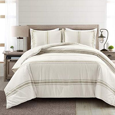Lush Decor Farmhouse Stripe dwustronna bawełna 3-częściowy zestaw pościeli, neutralny, king Lush Decor Farmhouse Stripe dwustronna bawełna 3-częściowy zestaw pościeli, neutralny, king