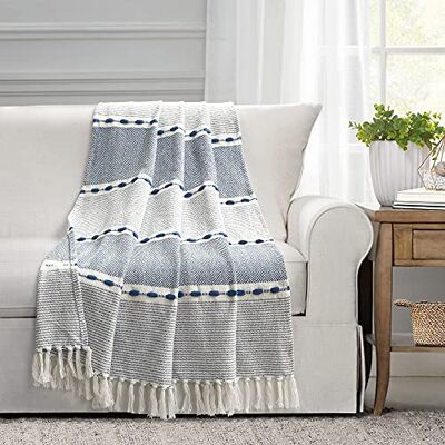 Lush Decor Bawełniany tkany koc z frędzlami w paski w jodełkę, 152 cm x 127 cm, granatowy Lush Decor Bawełniany tkany koc z frędzlami w paski w jodełkę, 152 cm x 127 cm, granatowy
