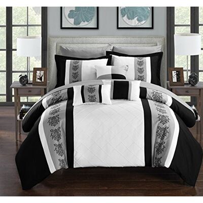 Chic Home Clayton 10-częściowy zestaw pościeli z zakładkami, haftowane łóżko w torbie z zestawem prześcieradła, King Black White Chic Home Clayton 10-częściowy zestaw pościeli z zakładkami, haftowane łóżko w torbie z zestawem prześcieradła, King Black White