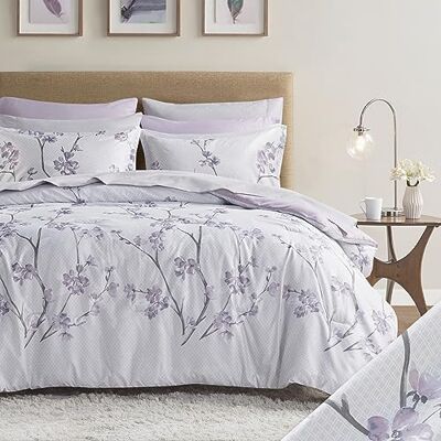 Comfort Spaces Przytulna kołdra z kompletnym zestawem prześcieradeł z boczną kieszenią, całoroczna osłona, pasujące pokrowce, mikrofibra, Kate, szary/fioletowy, królowa (229 cm x 229 cm) Comfort Spaces Przytulna kołdra z kompletnym zestawem prześcieradeł z boczną kieszenią, całoroczna osłona, pasujące pokrowce, mikrofibra, Kate, szary/fioletowy, królowa (229 cm x 229 cm)