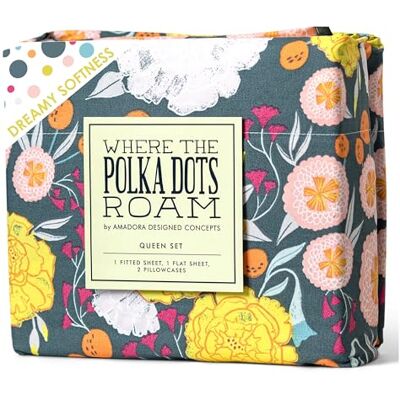 Where the Polka Dots Roam Zestaw pościeli z mikrofibry Queen – kwiatowe na szarym, odporne na plamy i zagniecenia, prześcieradła chłodzące na łóżko typu queen-size, miękkie, 90 g/m², płaskie i Where the Polka Dots Roam Zestaw pościeli z mikrofibry Queen – kwiatowe na szarym, odporne na plamy i zagniecenia, prześcieradła chłodzące na łóżko typu queen-size, miękkie, 90 g/m², płaskie i