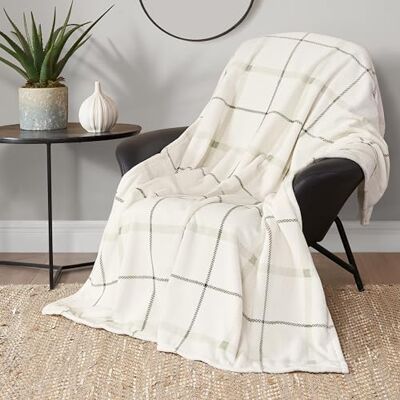 Lucky Brand Palmdale Biały z szałwiową zieloną kratą 127 cm x 187 cm Przytulny pluszowy koc narzuta z mikrofibry premium dla luksusowego komfortu Lucky Brand Palmdale Biały z szałwiową zieloną kratą 127 cm x 187 cm Przytulny pluszowy koc narzuta z mikrofibry premium dla luksusowego komfortu