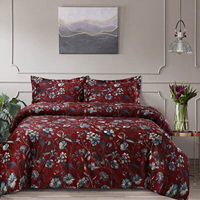 Tribeca Living Velvet Floral Printed Queen Duvet Cover Set, Soft Touch, Oversized, Luxury Three Piece Set Includes One Duvet Cover and Sham Pillowcases, Amara Garnet Tribeca Living Velvet Floral Printed Queen Duvet Cover Set, Soft Touch, Oversized, Luxury Three Piece Set Includes One Duvet Cover and Sham Pillowcases, Amara Garnet