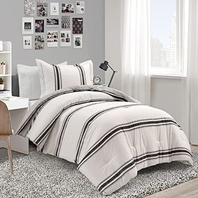 Lush Decor Farmhouse Stripe Dwuczęściowy zestaw pościeli z bawełny dwustronnej, czarny, podwójny-XL Lush Decor Farmhouse Stripe Dwuczęściowy zestaw pościeli z bawełny dwustronnej, czarny, podwójny-XL