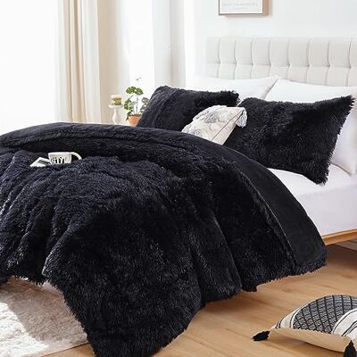 Smoofy Zestaw pościeli ze sztucznego futra, czarny, rozmiar queen size, 3 szt., puszysty, puszysty, pluszowy, uroczy, miękki, kudłaty, aksamitny, dwustronny zestaw pościeli (1 kołdra ze sztucznego Smoofy Zestaw pościeli ze sztucznego futra, czarny, rozmiar queen size, 3 szt., puszysty, puszysty, pluszowy, uroczy, miękki, kudłaty, aksamitny, dwustronny zestaw pościeli (1 kołdra ze sztucznego