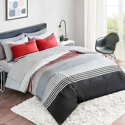 Comfort Spaces Comforter Sets with Sheets Bed in a Bag 9 Pieces Teen Bedding Sets, Red and Grey Stripes Bedding Full, College Full Bed Set with 2 Side Pockets Bedroom Organizer Comfort Spaces Comforter Sets with Sheets Bed in a Bag 9 Pieces Teen Bedding Sets, Red and Grey Stripes Bedding Full, College Full Bed Set with 2 Side Pockets Bedroom Organizer