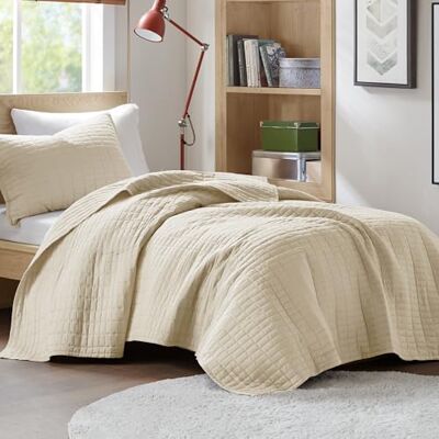 Comfort Spaces Kienna Quilt Set-Luxury Double Sided Stitching Design Summer Blanket, Lightweight, Soft, All Season Bedding Layer, Matching Sham, Ivory, Coverlet Twin/Twin XL(66"x90") 2 Piece Comfort Spaces Kienna Quilt Set-Luxury Double Sided Stitching Design Summer Blanket, Lightweight, Soft, All Season Bedding Layer, Matching Sham, Ivory, Coverlet Twin/Twin XL(66"x90") 2 Piece