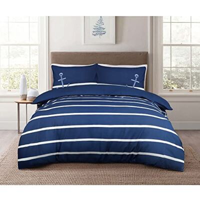 Sleepdown Sailor w paski morskie, 100% bawełna, jednokolorowa, odwrócona kołdra, poszewka na poduszkę, zestaw pościeli, miękka, łatwa pielęgnacja, rozmiar King (230 x 200 cm) Sleepdown Sailor w paski morskie, 100% bawełna, jednokolorowa, odwrócona kołdra, poszewka na poduszkę, zestaw pościeli, miękka, łatwa pielęgnacja, rozmiar King (230 x 200 cm)