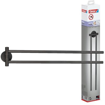 tesa MOON reling na ręczniki 2-ramienny kolor grafitowy samoprzylepny wieszak na ręczniki z metalu z powłoką PVD bez wiercenia, z klejem 84 mm x 50 mm x 456 mm tesa MOON reling na ręczniki 2-ramienny kolor grafitowy samoprzylepny wieszak na ręczniki z metalu z powłoką PVD bez wiercenia, z klejem 84 mm x 50 mm x 456 mm