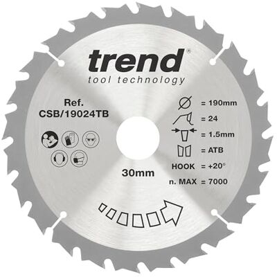 Trend tarcza do pilarki tarczowej bezprzewodowej do drewna, średnica 190 mm, otwór 30 mm, 24 zęby, szerokość rzazu 1,5 mm, kąt natarcia +20°, węglik spiekany (TCT), średnie wykończenie, CSB/19024TB Trend tarcza do pilarki tarczowej bezprzewodowej do drewna, średnica 190 mm, otwór 30 mm, 24 zęby, szerokość rzazu 1,5 mm, kąt natarcia +20°, węglik spiekany (TCT), średnie wykończenie, CSB/19024TB