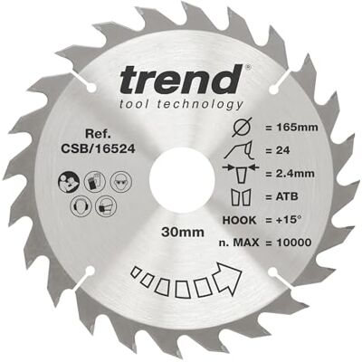 Trend Tarcza TCT do drewna 165 mm, 24T, otwór 30 mm, 2,4 mm, +15° Precyzyjne cięcie drewna: 24 zęby TCT, nacięcie 2,4 mm i kąt haczyka +15° do średnich przekrojów, CSB/16524 Trend Tarcza TCT do drewna 165 mm, 24T, otwór 30 mm, 2,4 mm, +15° Precyzyjne cięcie drewna: 24 zęby TCT, nacięcie 2,4 mm i kąt haczyka +15° do średnich przekrojów, CSB/16524