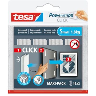 tesa Powerstrips CLICK samoprzylepne haczyki do zawieszania ramek i dekoracji ściennych bez wiercenia, samoprzylepne paski z systemem zatrzasków i odłączania ON i OFF, małe, 16 x 2 szt tesa Powerstrips CLICK samoprzylepne haczyki do zawieszania ramek i dekoracji ściennych bez wiercenia, samoprzylepne paski z systemem zatrzasków i odłączania ON i OFF, małe, 16 x 2 szt