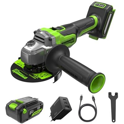 Greenworks Akumulatorowa szlifierka kątowa 24 V 125 mm ostrze tarczowe, 9000 obr./min, 900 W, silnik bezszczotkowy, leworęczny lub praworęczny z baterią USB 4 Ah i ładowarką 65 W AG590 Greenworks Akumulatorowa szlifierka kątowa 24 V 125 mm ostrze tarczowe, 9000 obr./min, 900 W, silnik bezszczotkowy, leworęczny lub praworęczny z baterią USB 4 Ah i ładowarką 65 W AG590