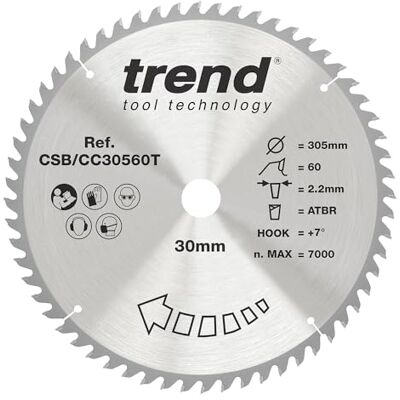 Trend tarcza do piły ukośnej bezprzewodowej ATBR do drewna, średnica 305 mm, otwór 30 mm, 60 zębów, szerokość rzazu 2,2 mm, kąt natarcia +7°, węglik spiekany (TCT), CSB/CC30560T Trend tarcza do piły ukośnej bezprzewodowej ATBR do drewna, średnica 305 mm, otwór 30 mm, 60 zębów, szerokość rzazu 2,2 mm, kąt natarcia +7°, węglik spiekany (TCT), CSB/CC30560T