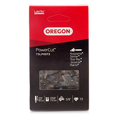 Oregon Łańcuch do Piły Łańcuchowej PowerCut, Podziałka 3/8", Rowek 1,5 mm, Pełne Dłuto, Ostry Profil, 50 cm (20"), 72 Ogniwa, Pasuje do Husqvarna, Makita, Dolmar, Jonsered i innych (73LPX) Oregon Łańcuch do Piły Łańcuchowej PowerCut, Podziałka 3/8", Rowek 1,5 mm, Pełne Dłuto, Ostry Profil, 50 cm (20"), 72 Ogniwa, Pasuje do Husqvarna, Makita, Dolmar, Jonsered i innych (73LPX)