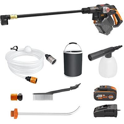 WORX Nitro WG633E.1 Profi Hydroshot akumulatorowa myjka wysokociśnieniowa 20 V, czyszczenie tarasów i czyszczenie samochodu, maks. 56 bar, 220 l/h, z akcesoriami, PowerShare 4,0 Ah akumulator i WORX Nitro WG633E.1 Profi Hydroshot akumulatorowa myjka wysokociśnieniowa 20 V, czyszczenie tarasów i czyszczenie samochodu, maks. 56 bar, 220 l/h, z akcesoriami, PowerShare 4,0 Ah akumulator i