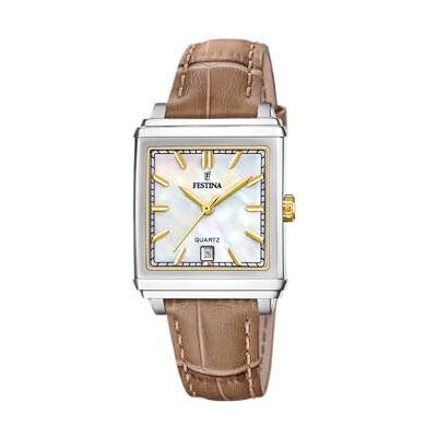 F20682/4 Festina Zegarek damski na kwadratowym szarym etui ze stali nierdzewnej brązowy skórzany pasek, srebrny, pasek F20682/4 Festina Zegarek damski na kwadratowym szarym etui ze stali nierdzewnej brązowy skórzany pasek, srebrny, pasek
