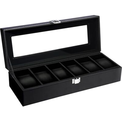 Uten Pudełko na zegarek z 6 przegródkami, etui na zegarek ze szklaną pokrywką, pudełko do przechowywania zegarków dla mężczyzn i kobiet, zdejmowane poduszki do zegarka, metalowe zapięcie, czarna skóra Uten Pudełko na zegarek z 6 przegródkami, etui na zegarek ze szklaną pokrywką, pudełko do przechowywania zegarków dla mężczyzn i kobiet, zdejmowane poduszki do zegarka, metalowe zapięcie, czarna skóra