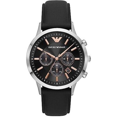 Black Emporio Armani Watch for Men, Quartz 3 sub dial Chronograph Movement and 43 mm Case Size with Leather Strap Black Emporio Armani Watch for Men, Quartz 3 sub dial Chronograph Movement and 43 mm Case Size with Leather Strap