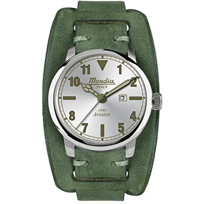 Mondia Męski 1946 Aviator włoski zegarek kwarcowy ze skórzanym paskiem MI749-1CP, biały, 42 mm, ZIELONY, Włoski Mondia Męski 1946 Aviator włoski zegarek kwarcowy ze skórzanym paskiem MI749-1CP, biały, 42 mm, ZIELONY, Włoski