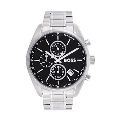 1514251 BOSS Zegarek kwarcowy chronograf z kalendarzem dla mężczyzn Grand Prix 44 kolekcja ze srebrną bransoletką ze stali nierdzewnej 1514251 BOSS Zegarek kwarcowy chronograf z kalendarzem dla mężczyzn Grand Prix 44 kolekcja ze srebrną bransoletką ze stali nierdzewnej
