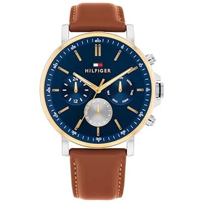 1710703 Tommy Hilfiger Wielofunkcyjny analogowy zegarek kwarcowy dla mężczyzn z paskiem ze stali nierdzewnej lub skóry, Jasnobrązowy, ciągnąć 1710703 Tommy Hilfiger Wielofunkcyjny analogowy zegarek kwarcowy dla mężczyzn z paskiem ze stali nierdzewnej lub skóry, Jasnobrązowy, ciągnąć