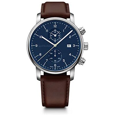 01.1743.125 WENGER Męski zegarek na rękę z chronografem Ø 42 mm, Swiss Made, analogowy, kwarcowy, wodoszczelny do 100 m, skórzany pasek, niebieski/brązowy, Pasek 01.1743.125 WENGER Męski zegarek na rękę z chronografem Ø 42 mm, Swiss Made, analogowy, kwarcowy, wodoszczelny do 100 m, skórzany pasek, niebieski/brązowy, Pasek