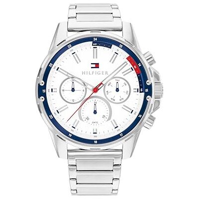 1792242 Tommy Hilfiger Analogowy wielofunkcyjny zegarek kwarcowy dla mężczyzn ze srebrną bransoletką ze stali nierdzewnej 1792242 Tommy Hilfiger Analogowy wielofunkcyjny zegarek kwarcowy dla mężczyzn ze srebrną bransoletką ze stali nierdzewnej