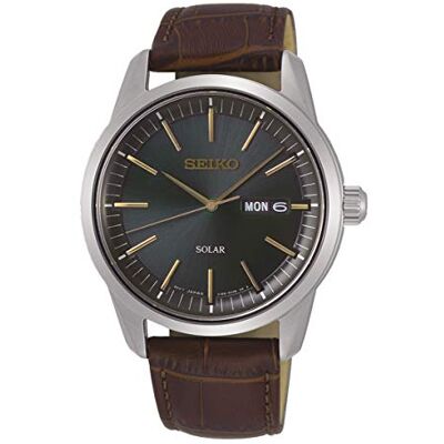 SNE529P1 Seiko Męski analogowy zegarek słoneczny ze skórzanym paskiem , Srebrny, pasek SNE529P1 Seiko Męski analogowy zegarek słoneczny ze skórzanym paskiem , Srebrny, pasek